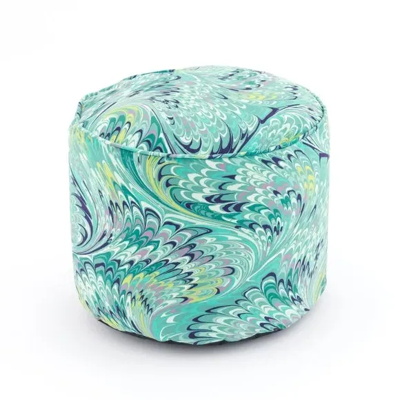 Round Pouffe with Marble Print - Teal, Velvet image