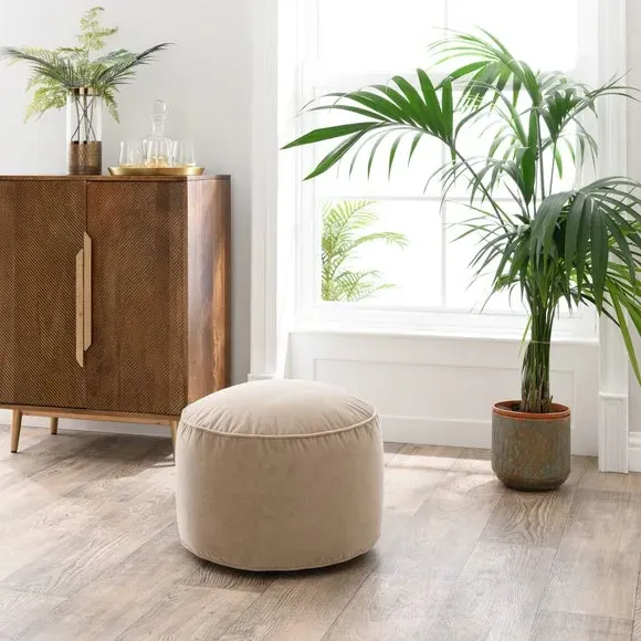 Round Pouffe with Piped Edges - Natural, Velvet image