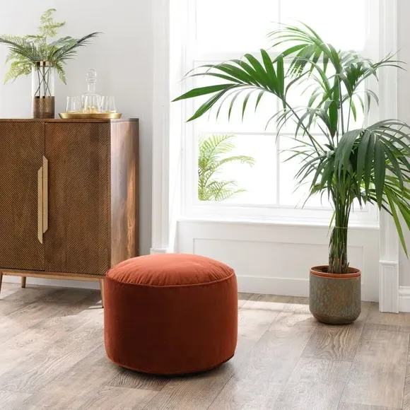 Round Pouffe with Piped Edges - Orange, Velvet