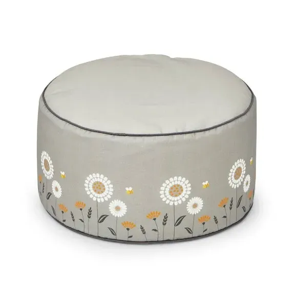 Round Pouffe with Print Design - Grey, Cotton