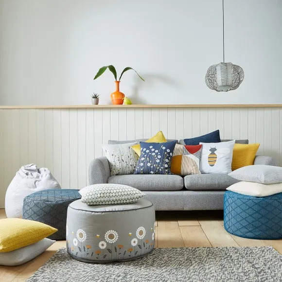 Round Pouffe with Print Design - Grey, Cotton