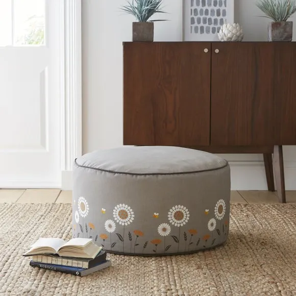 Round Pouffe with Print Design - Grey, Cotton image