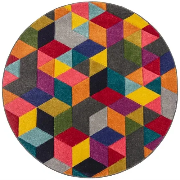 Round Rug Geometric Design - Multicolor, Polypropylene