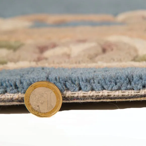 Round Rug Hand Carved - Blue, Wool