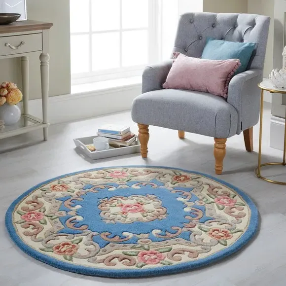 Round Rug Hand Carved - Blue, Wool image
