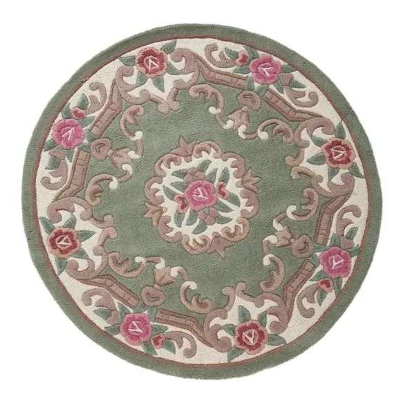 Round Rug Hand Carved - Green, Wool