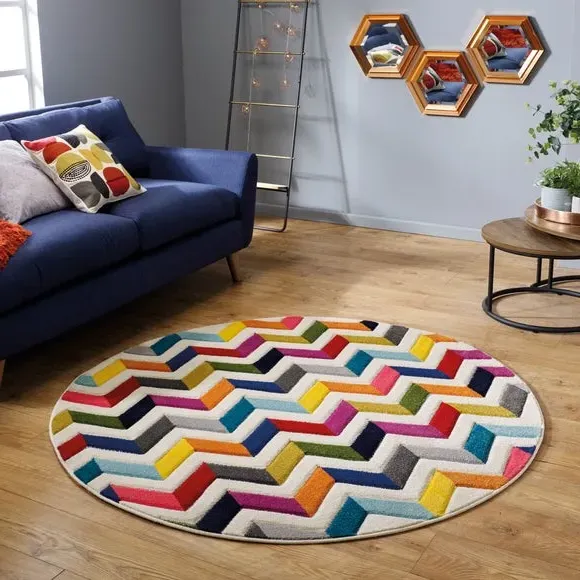 Round Rug Hand-Carved - Multicoloured, Polypropylene