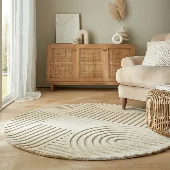 Round Rug Hand Carved - Natural, Wool image