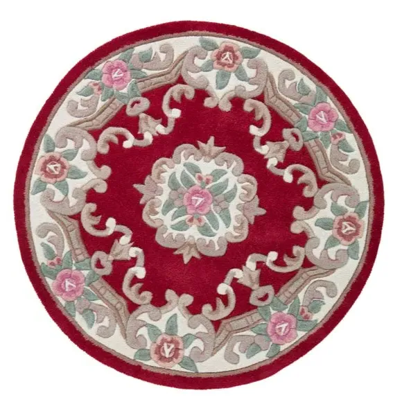 Round Rug Hand Carved - Red, Wool