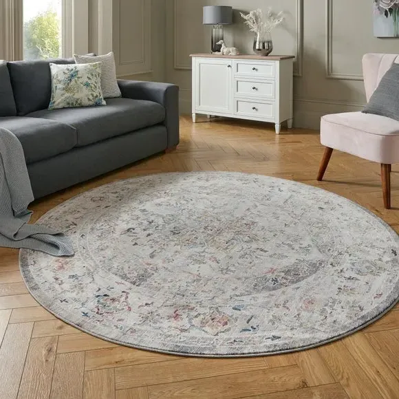 Round Rug Traditional Pattern - Silver, Polyester