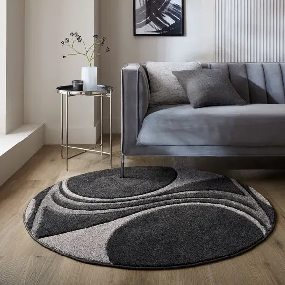 Round Rug with Hand Carved Design - Black image