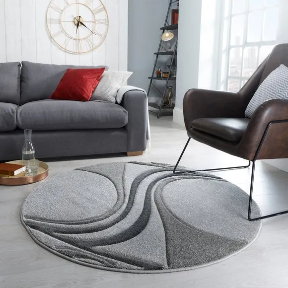 Round Rug with Hand Carved Design - Charcoal