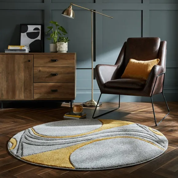 Round Rug with Hand Carved Design - Ochre