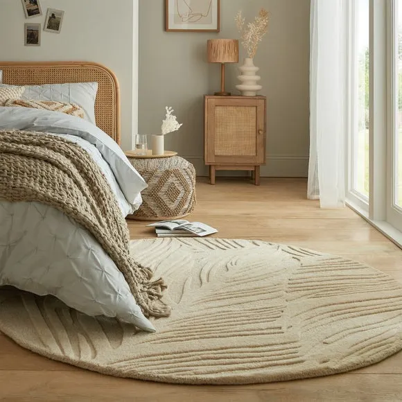 Round Rug with Leaf Design - Natural, Wool