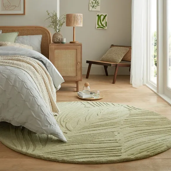 Round Rug with Leaf Design - Sage, Wool