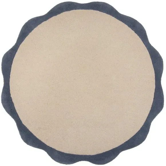 Round Rug with Scalloped Border - Blue, Wool