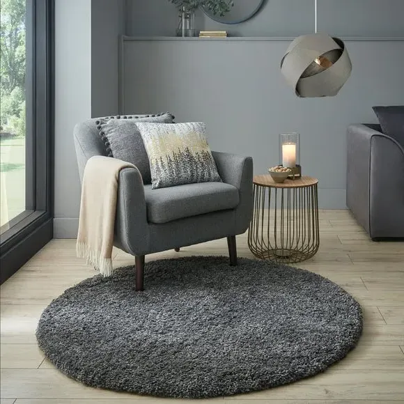 Round Shaggy Rug - Steel, Synthetic