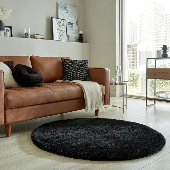 Round Shaggy Rug with Lustrous Yarns - Black image