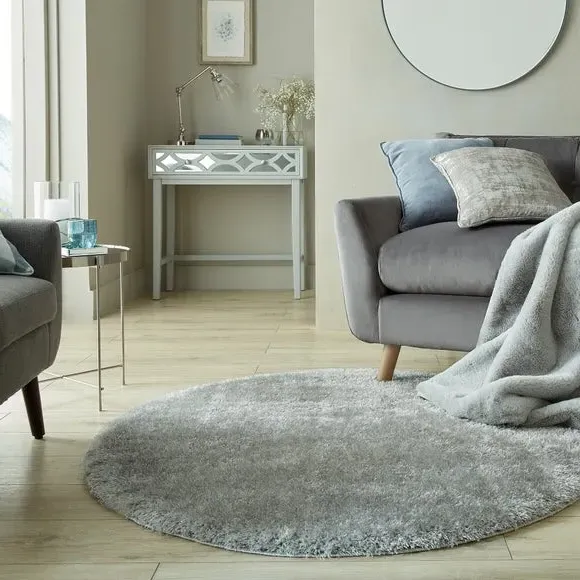 Round Shaggy Rug with Lustrous Yarns - Grey