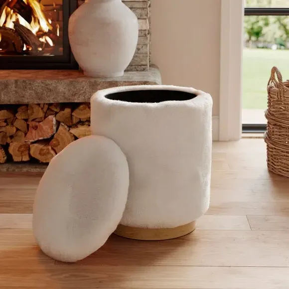 Round Storage Footstool - Ivory, Faux Fur