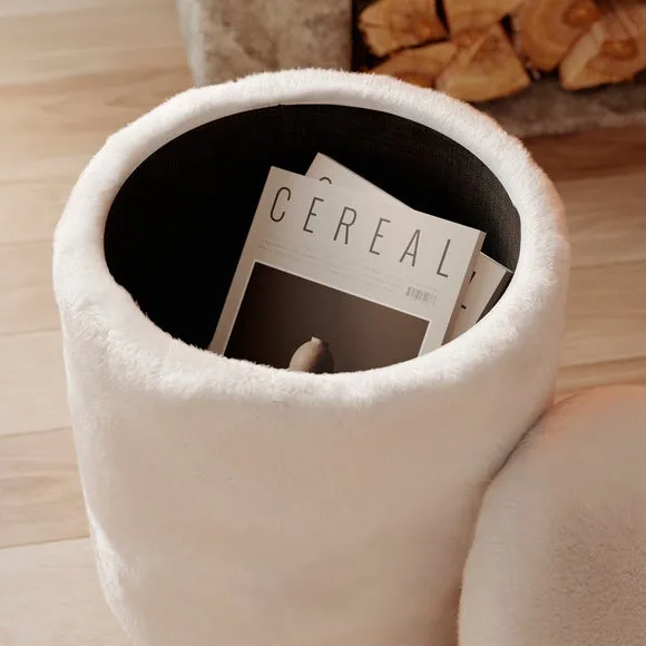 Round Storage Footstool - Ivory, Faux Fur