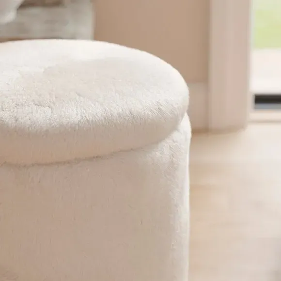 Round Storage Footstool - Ivory, Faux Fur