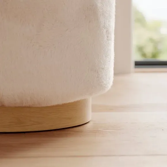 Round Storage Footstool - Ivory, Faux Fur