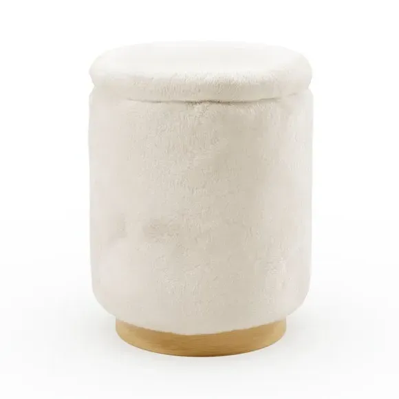 Round Storage Footstool - Ivory, Faux Fur