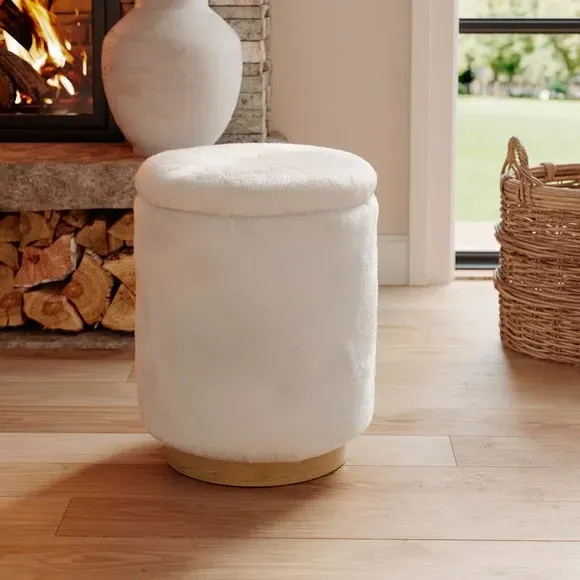 Round Storage Footstool - Ivory, Faux Fur image