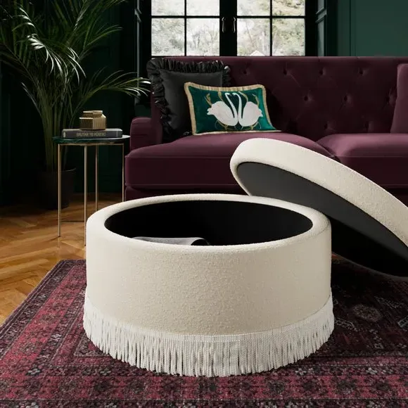Round Storage Ottoman with Tassels - Ivory, Boucle