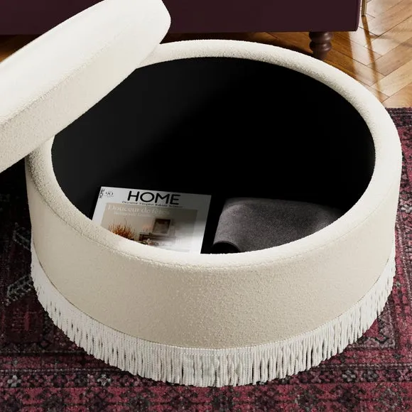 Round Storage Ottoman with Tassels - Ivory, Boucle