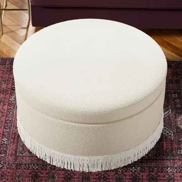 Round Storage Ottoman with Tassels - Ivory, Boucle
