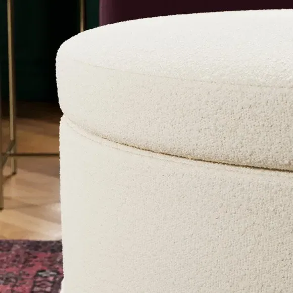 Round Storage Ottoman with Tassels - Ivory, Boucle