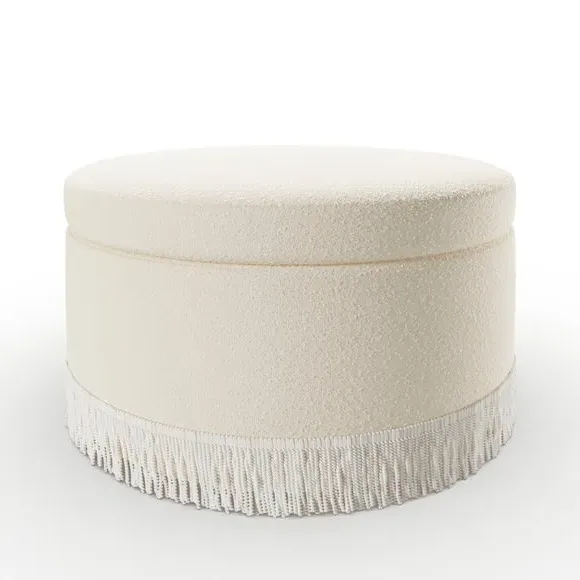 Round Storage Ottoman with Tassels - Ivory, Boucle