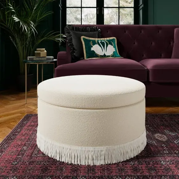 Round Storage Ottoman with Tassels - Ivory, Boucle image