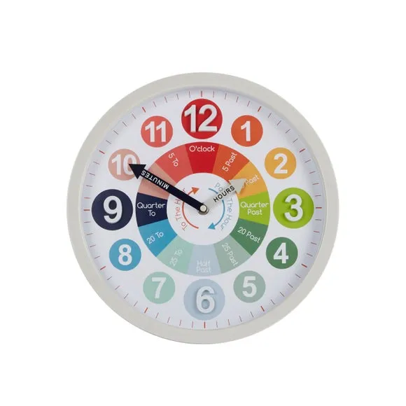 Round Teaching Wall Clock - Grey, Plastic