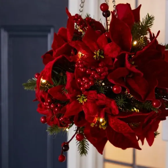Round Topiary Ball with LED Lights - Red