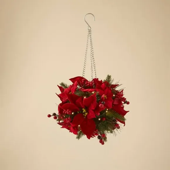 Round Topiary Ball with LED Lights - Red