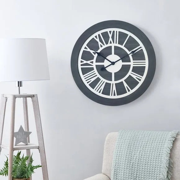 Round Wall Clock Roman Numerals - Grey, Wood