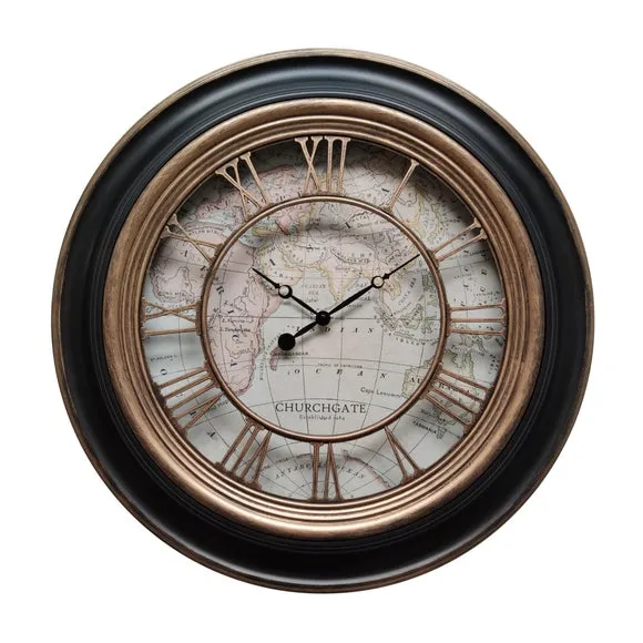 Round Wall Clock with Map Design - Black
