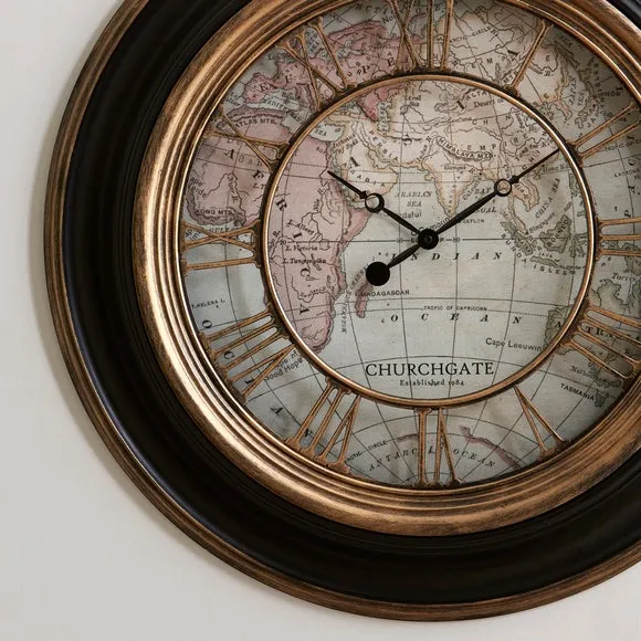 Round Wall Clock with Map Design - Black