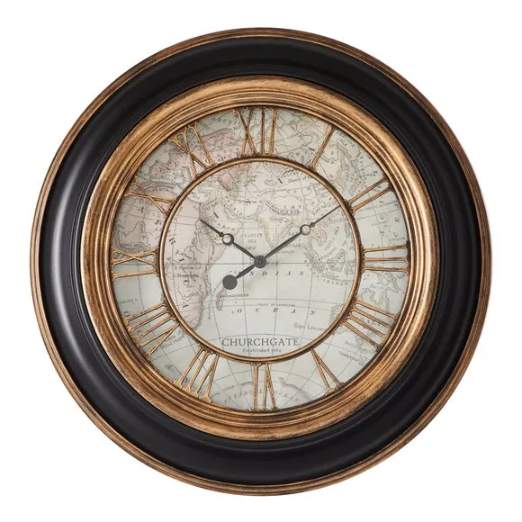 Round Wall Clock with Map Design - Black