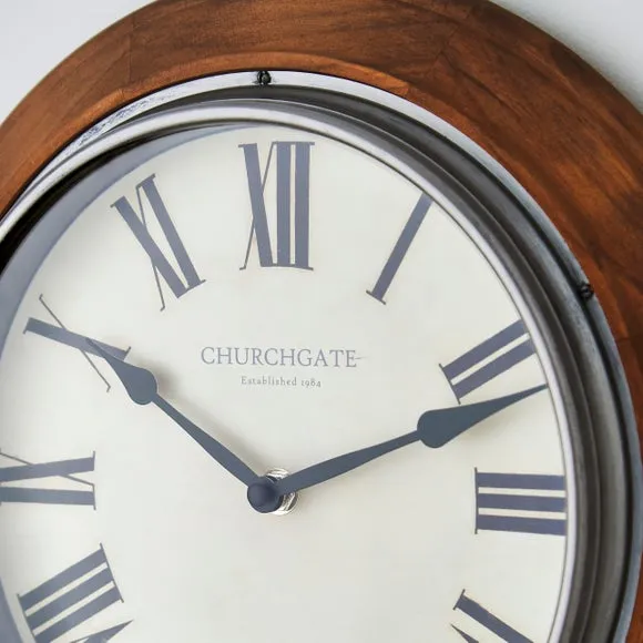 Round Wall Clock with Roman Numerals - Brown, Wood
