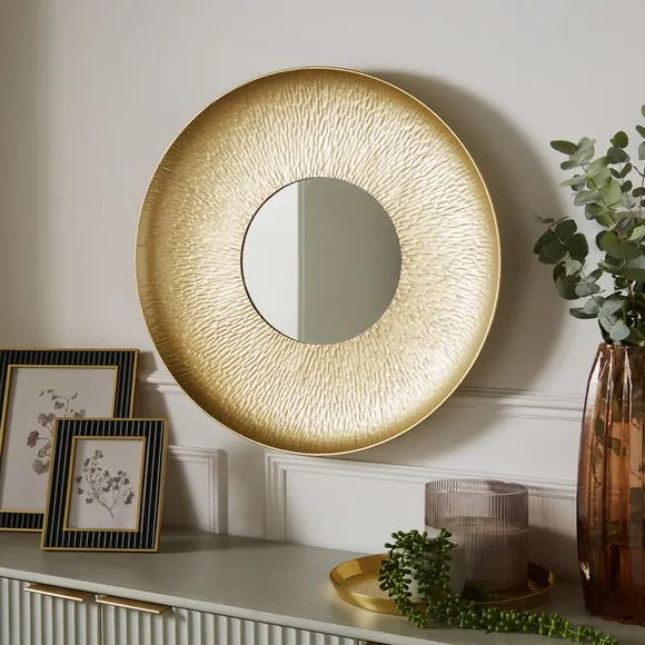 Round Wall Mirror Hammered Design - Gold, Metal