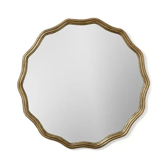 Round Wall Mirror Ribbed Wave Design - Gold