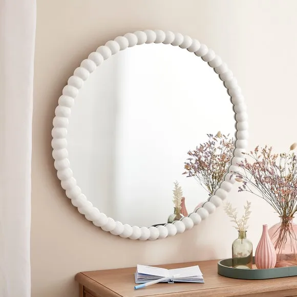 Round Wall Mirror with Bobbin Design - White