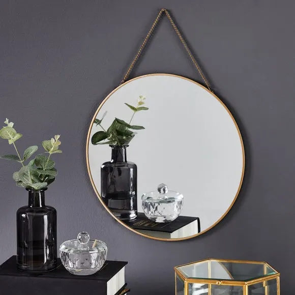 Round Wall Mirror with Chain - Gold image