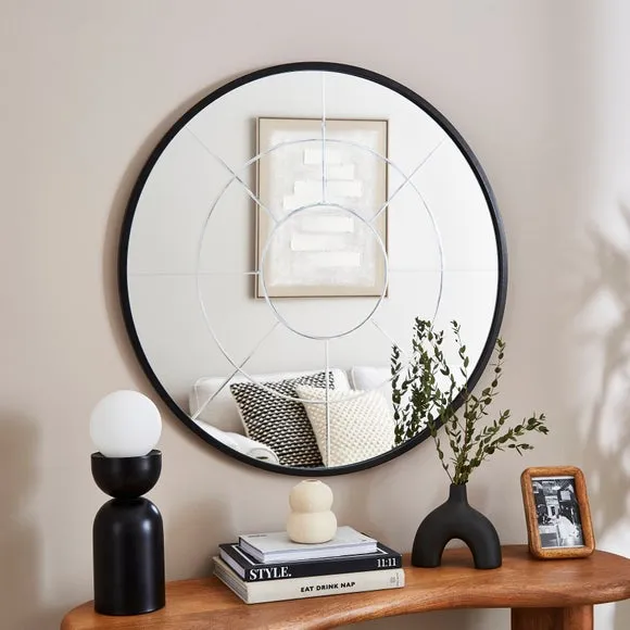 Round Wall Mirror with Etched Design - Black, Metal image
