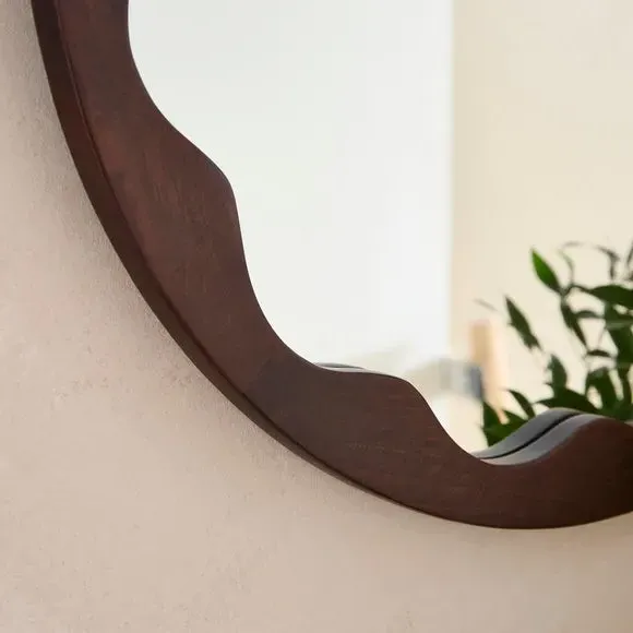 Round Wall Mirror with Fluted Frame - Brown, Wood