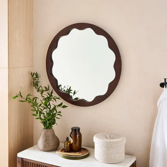 Round Wall Mirror with Fluted Frame - Brown, Wood image
